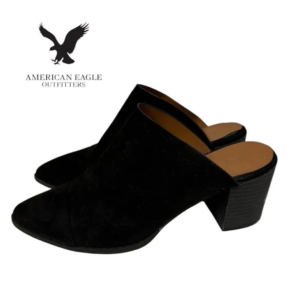 American Eagle Western Style Suede Heeled Women's Black Mules 7.5